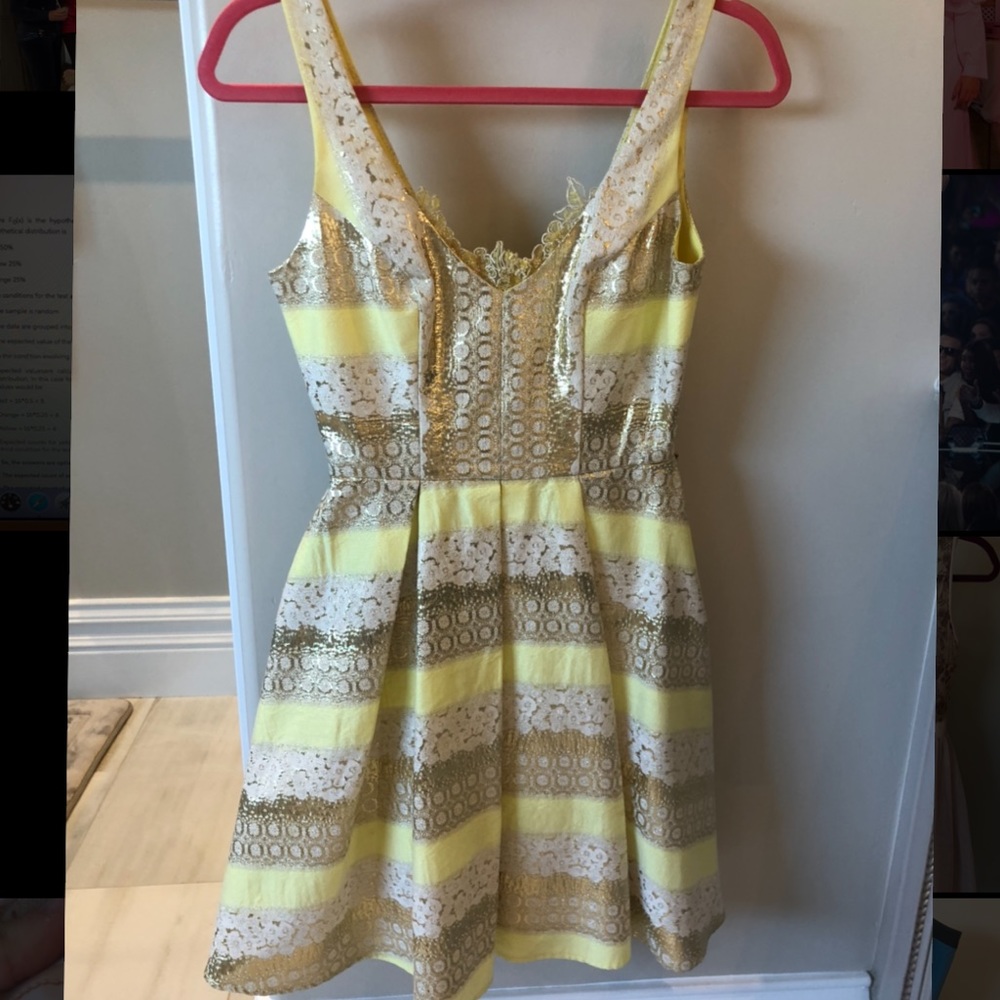 ABS Allen Schwartz yellow and metallic gold dress